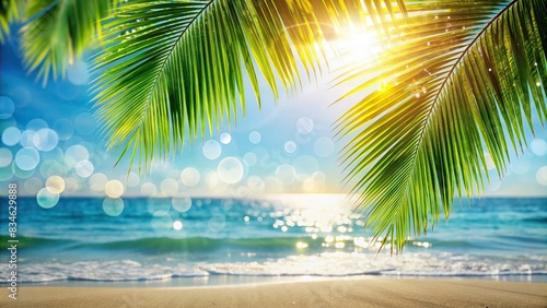 Blur tropical beach with green palm leaf  bokeh sun light background  Nature  green  palm leaf  tropical  beach  bokeh  sun light  abstract