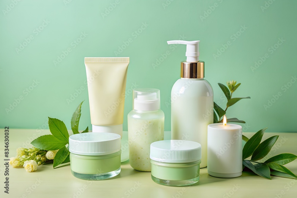 The image shows a vanity table topped with various cosmetic products. The image shows a vanity table topped with various cosmetic products.