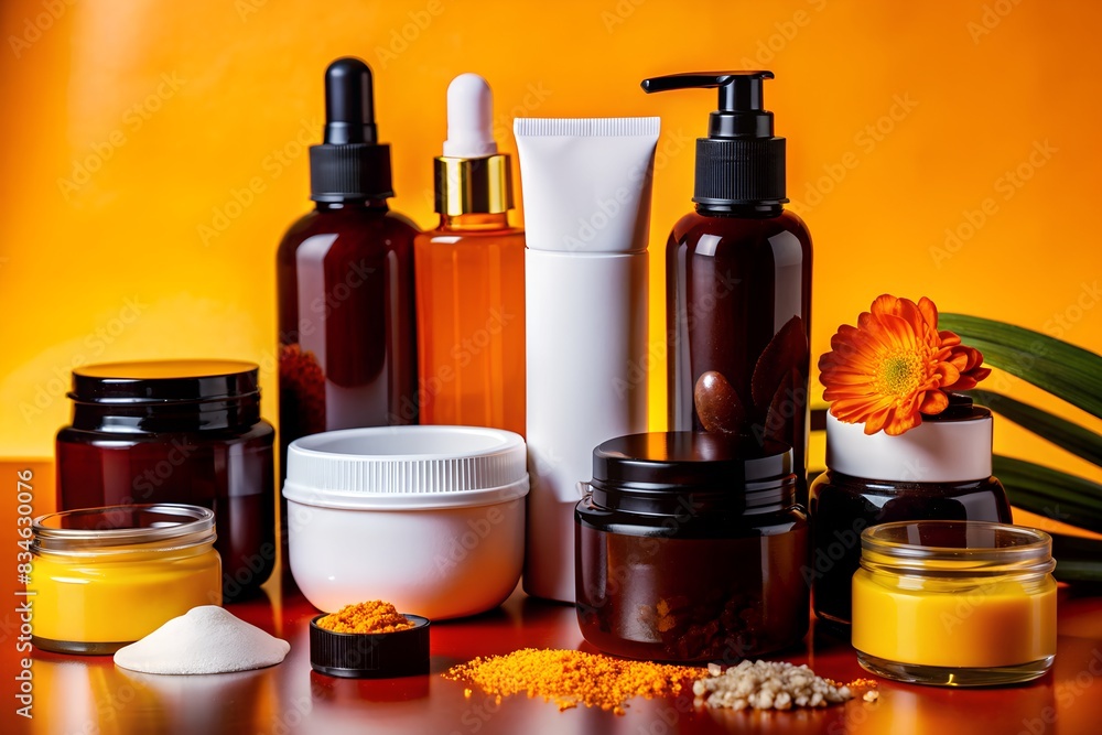 The image shows a vanity table topped with various cosmetic products. The image shows a vanity table topped with various cosmetic products.
