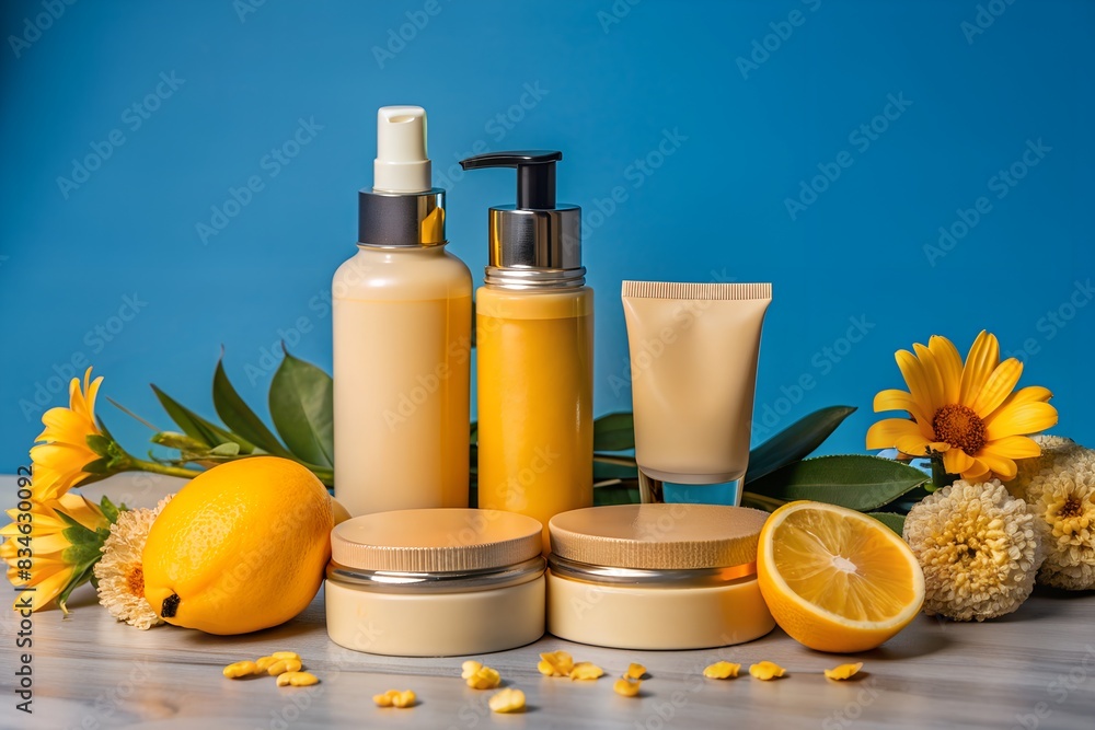 The image shows a vanity table topped with various cosmetic products. The image shows a vanity table topped with various cosmetic products.