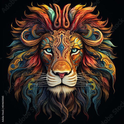 A vibrant and intricate illustration of a lion's face, showcasing detailed patterns and bold colors, reflecting artistic creativity. photo