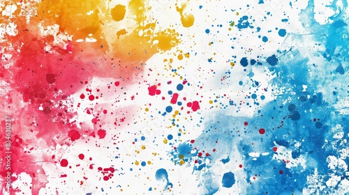An abstract art piece featuring vibrant paint splatters in red, blue, and yellow on a white background, evoking creativity and energy.
 photo