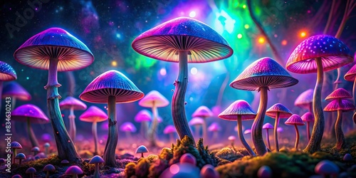 Magic mushrooms with neon lights and a purple, colorful trippy background , psychedelic, hallucinogenic, vibrant, glow, fluorescent, luminescent, abstract, surreal, fungus, illuminated