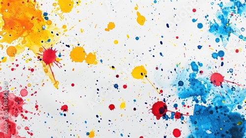 An abstract art piece featuring vibrant paint splatters in red, blue, and yellow on a white background, evoking creativity and energy.
 photo
