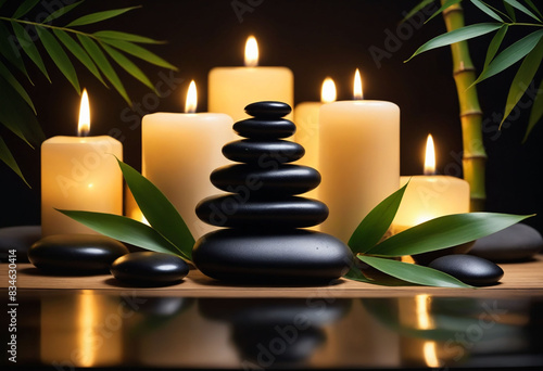 Calm  balanced stack of black massage stones  glow of candles and bamboo leaves