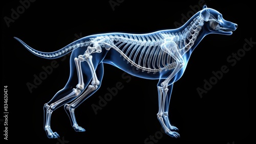 X-ray image showing the skeletal structure of a dog s body  dog  x-ray  bones  veterinary  medical  health  anatomy  animal  radiology  spine  joints  imaging  examination  diagnosis