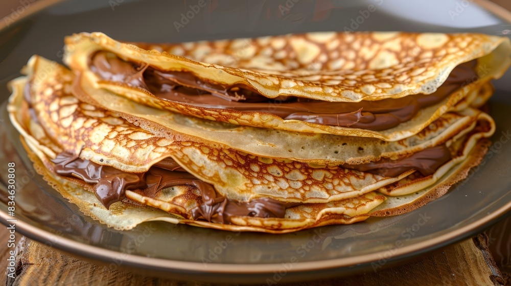 one topped with chocolate-covered crepes, the other with pancakes one topped with chocolate-covered crepes, the other with pancakes