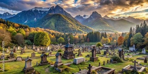 Panorama of an abandoned graveyard in front of forest-covered mountains , creepy, eerie, spooky, mysterious, desolate, haunting, isolated, ancient, old, cemetery, tombstones, forgotten