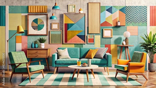 Trendy vintage art collage with furniture, geometric shapes, paper cutouts, and paint strokes , abstract, retro, aesthetic, fashionable, poster, banner, vintage, collage, abstract art