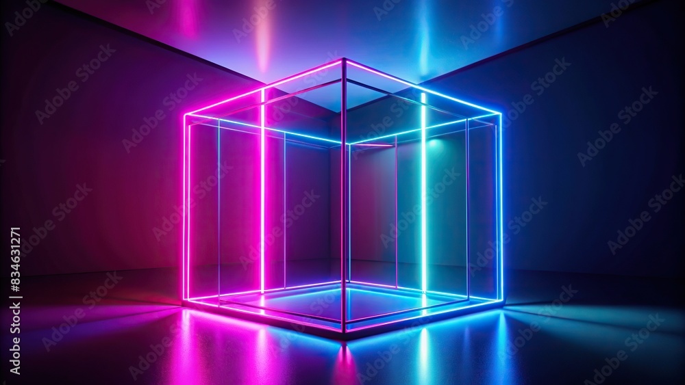 Empty box illuminated with pink and blue neon lights creating abstract geometric shapes ,  render, abstract, neon, geometric, background, empty, box, pink, blue, light, illuminated