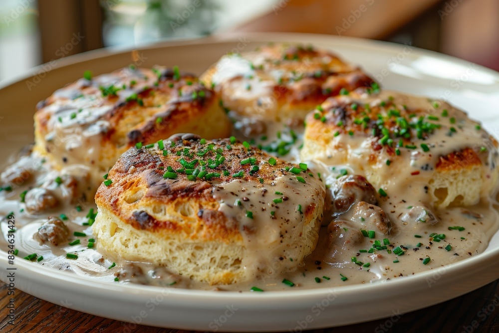 Biscuits and Gravy - Biscuits topped with creamy sausage gravy. Biscuits and Gravy - Biscuits topped with creamy sausage gravy.