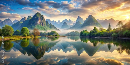 Fantasy landscape panorama with mountains reflecting in water Abstract background for zen wallpaper, render, fantasy, landscape, panorama, mountains, reflection, water, abstract, spiritual photo