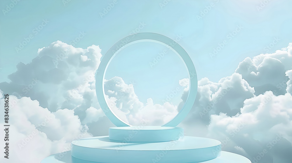 Surreal D Display Stand Mockup Floating in Ethereal Blue Sky with White Clouds Surreal D Display Stand Mockup Floating in Ethereal Blue Sky with White Clouds
