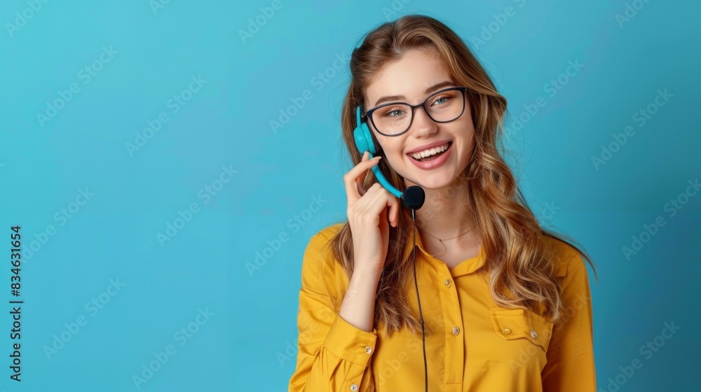 A woman wearing glasses and a yellow shirt is smiling while talking on a phone A woman wearing glasses and a yellow shirt is smiling while talking on a phone
