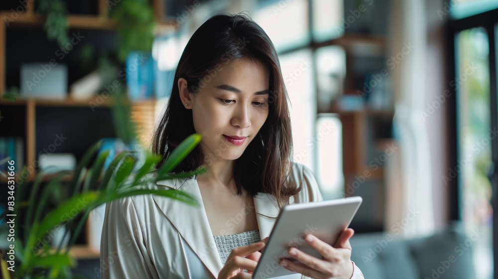 Businesswoman using a tablet for a virtual meeting, modern home office, tech-savvy Businesswoman using a tablet for a virtual meeting, modern home office, tech-savvy