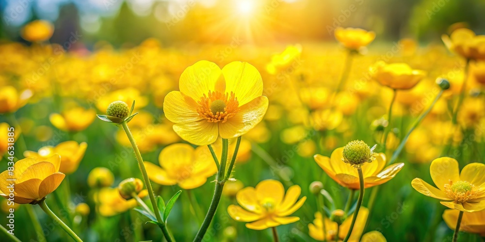 Bright and vibrant yellow buttercups blooming in a meadow , wildflowers, sunny, field, nature, spring, petals, floral, meadow, outdoors, vibrant, colorful, beauty, flora, rural, fresh, growth