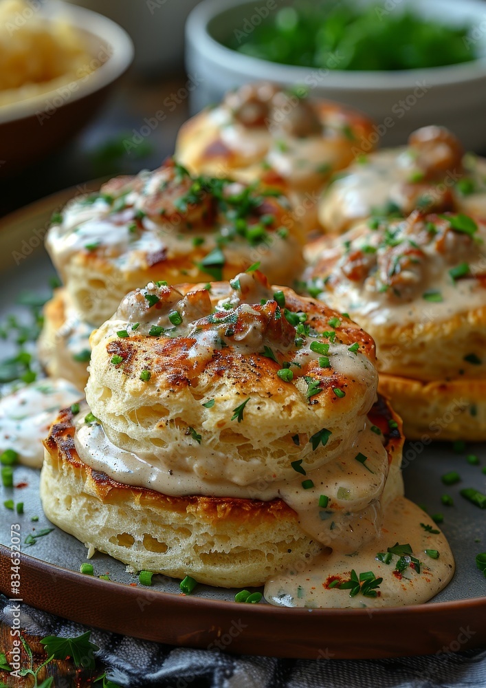 Biscuits and Gravy - Biscuits topped with creamy sausage gravy. Biscuits and Gravy - Biscuits topped with creamy sausage gravy.