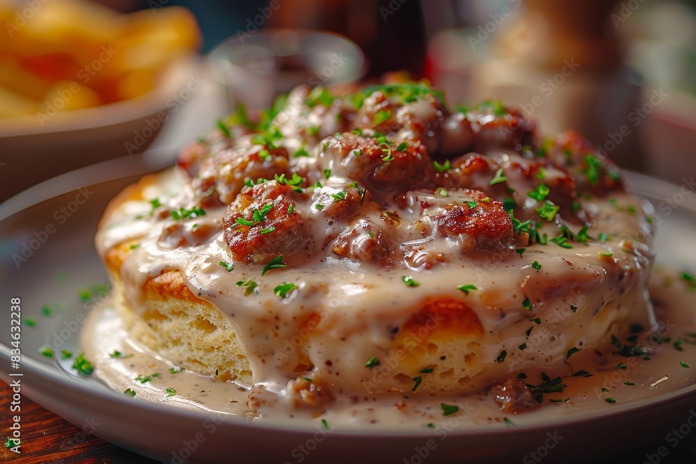 Biscuits and Gravy - Biscuits topped with creamy sausage gravy. Biscuits and Gravy - Biscuits topped with creamy sausage gravy.