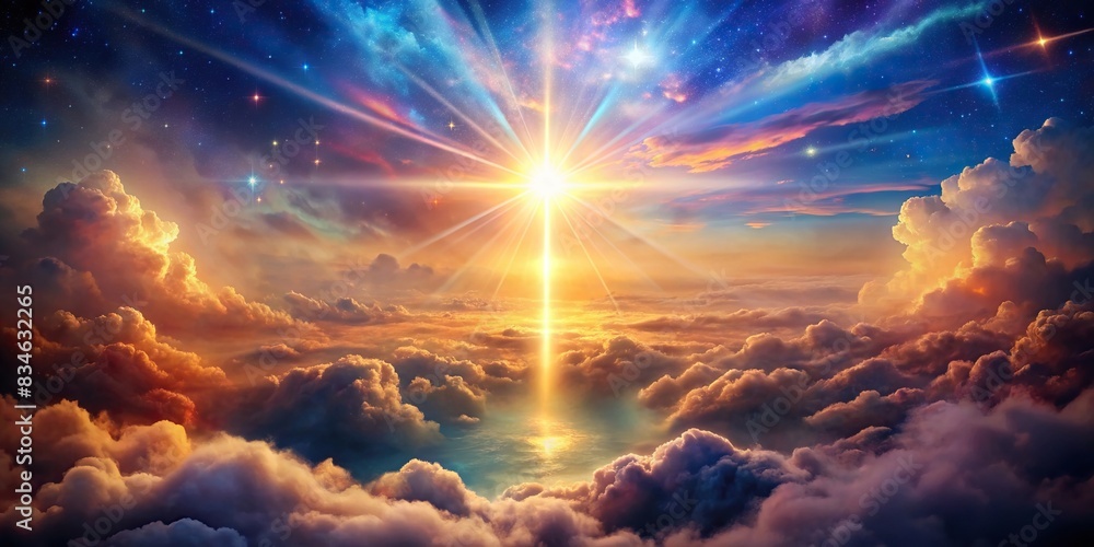 Religious celestial sky with aura of soul , spirituality, heaven, divine, ethereal, celestial, atmosphere, belief, peaceful, mystical, holy, light, universe, faith, tranquil, radiant