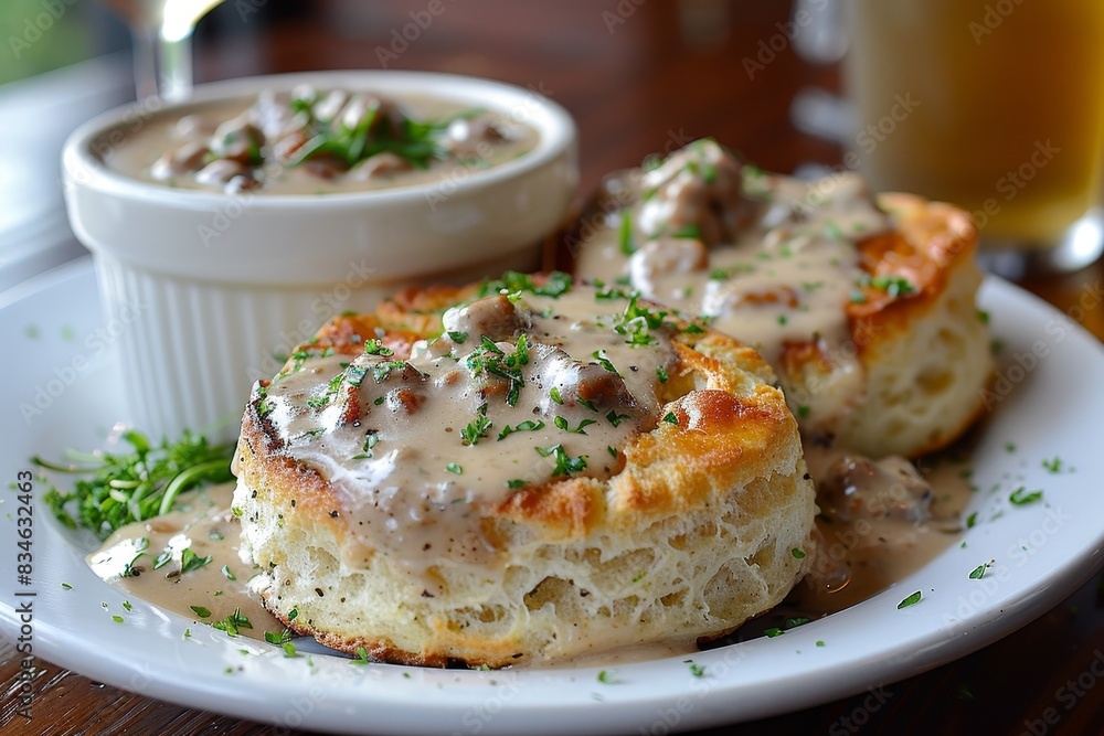 Biscuits and Gravy - Biscuits topped with creamy sausage gravy. Biscuits and Gravy - Biscuits topped with creamy sausage gravy.