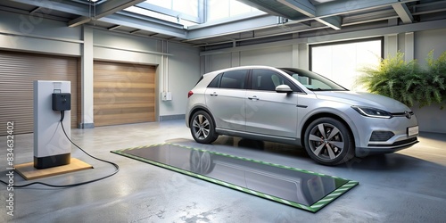 A high-tech wireless EV charging pad with electric vehicle parked on top in a garage , technology, electric vehicle, wireless charging, innovation, sustainable, energy, electric car