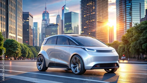 Sleek electric vehicle with self-driving capabilities on futuristic city street , Autonomous, electric, vehicle, self-driving, car, future, technology, innovation, transportation, concept, photo