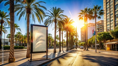 Sunny day on a bustling city street with empty billboard and palm trees , city, street, urban, sunny, empty, billboard, palm trees, skyline, vibrant, downtown, modern, commercial photo
