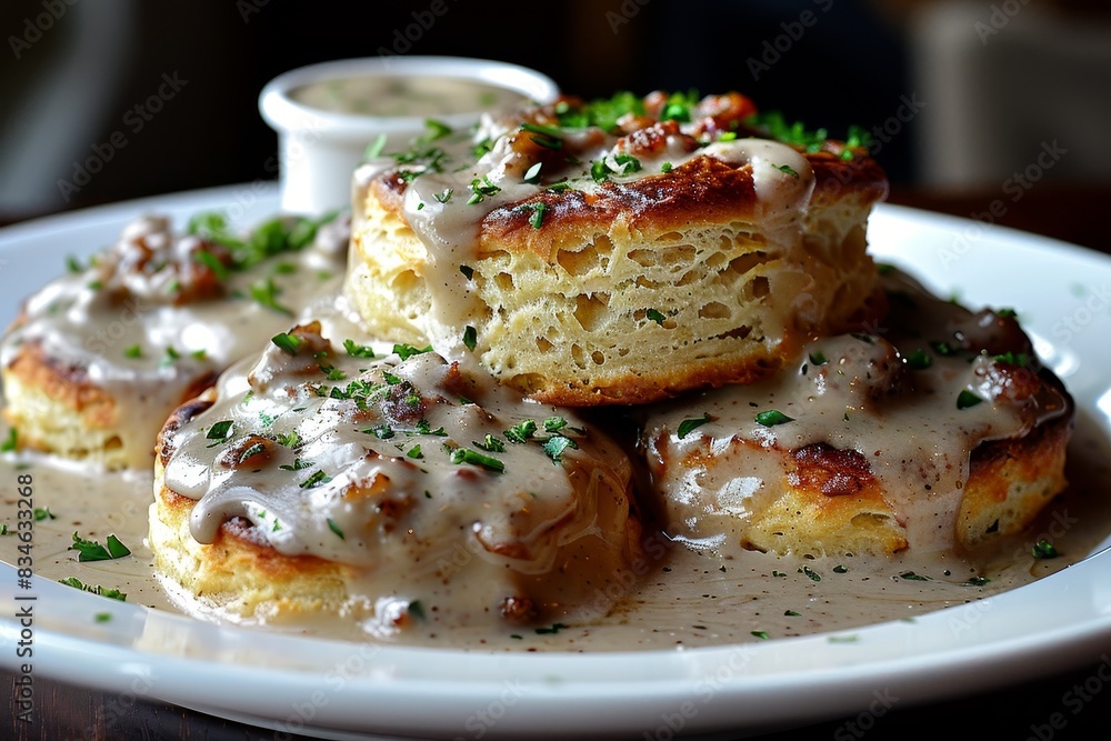 Biscuits and Gravy - Biscuits topped with creamy sausage gravy. Biscuits and Gravy - Biscuits topped with creamy sausage gravy.
