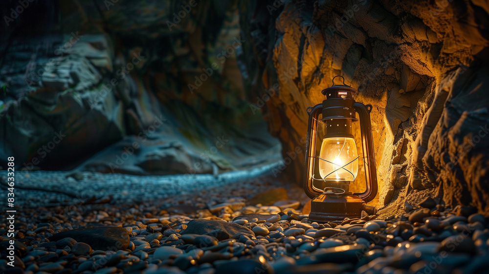 An old-fashioned lantern illuminating a dark cave where the walls are covered with rocky formations and the floor is covered with gravel. An old-fashioned lantern illuminating a dark cave where the walls are covered with rocky formations and the floor is covered with gravel.