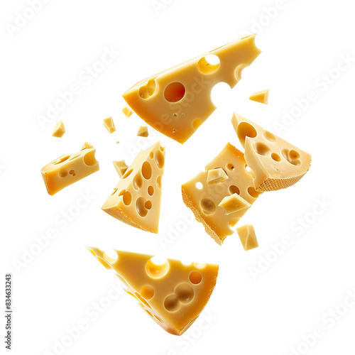 Exploding Swiss cheese wedges and chunks suspended in mid-air, high-resolution studio shot on white background

 photo