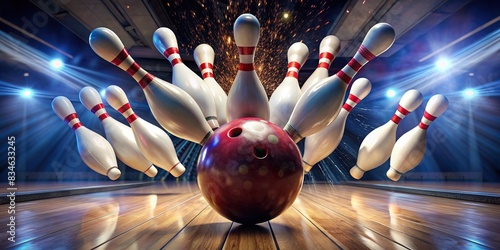 Close-up of bowling ball hitting pins in a strike, bottom view action shot , Ten pin bowling, bowling ball, pins, strike, action, scoring, competition, game, sport, alley, recreation, leisure