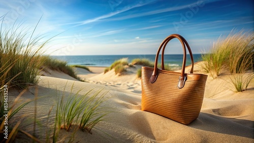 Mockup of a shopper handbag hanging on a beach sand dune, mockup, shopper, handbag, beach, sand, dune, fashion, accessory, summer, vacation, tropical, resort, leisure, travel, relaxation photo
