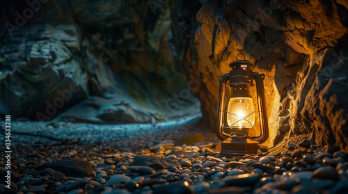 An old-fashioned lantern illuminating a dark cave where the walls are covered with rocky formations and the floor is covered with gravel.