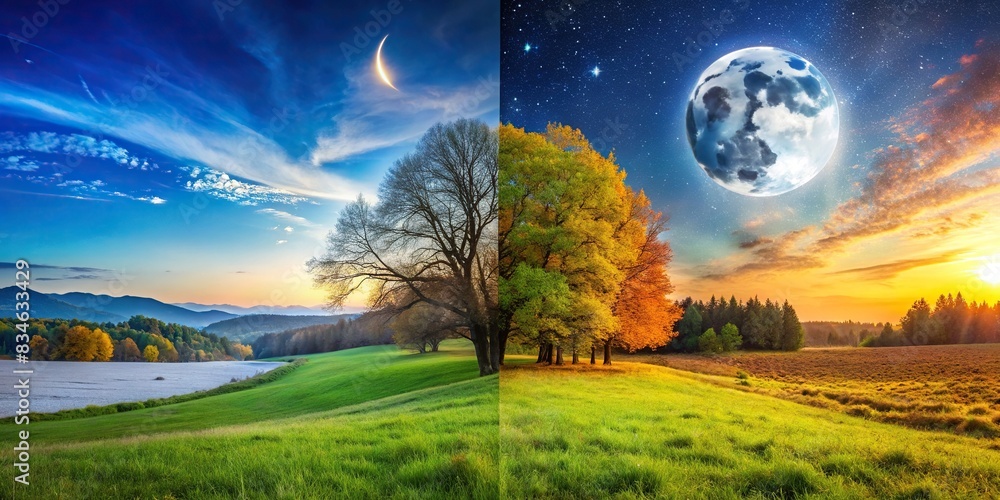 Stock photo of a serene landscape capturing the equal length of day and night during the equinox, equinox, day and night, balance, nature, sunlight, dusk, dawn, transition, seasonal