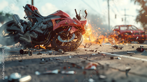 A terrifying scene of a motorcycle accident where there was a collision with a car and the street was covered with scattered vehicle parts. photo