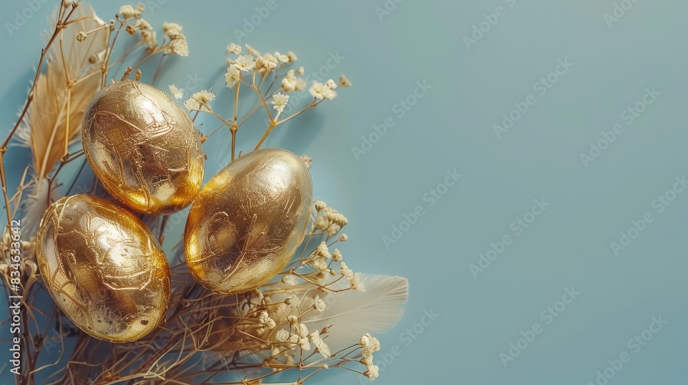 Obraz premium A collection of gold eggs atop baby's breath flowers, arranged over a blue surface A single feather rests above the eggs
