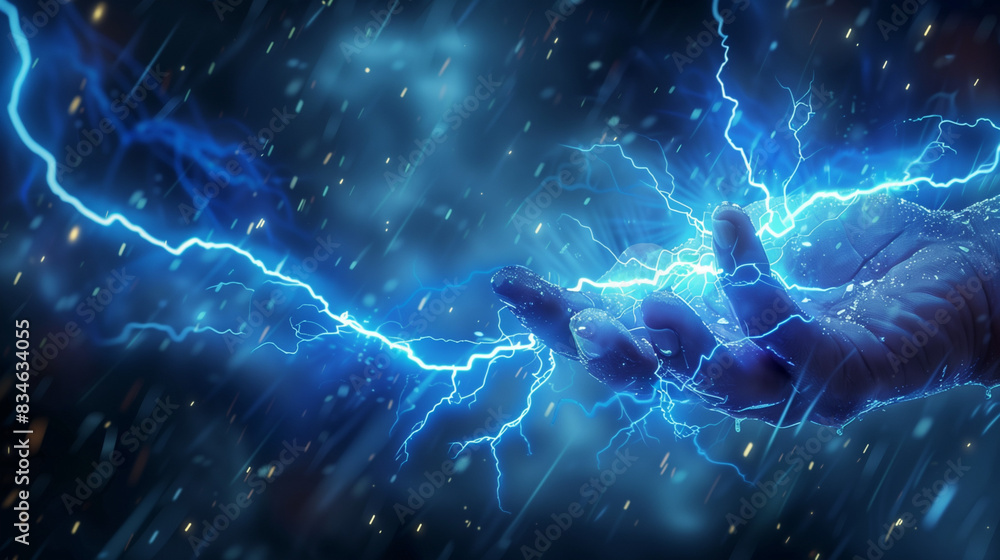 A hand holding a lightning bolt that emanates a blue glow against a stormy sky. Dark, energized clouds create a dramatic backdrop, and bright lightning symbolizes might and power. A hand holding a lightning bolt that emanates a blue glow against a stormy sky. Dark, energized clouds create a dramatic backdrop, and bright lightning symbolizes might and power.