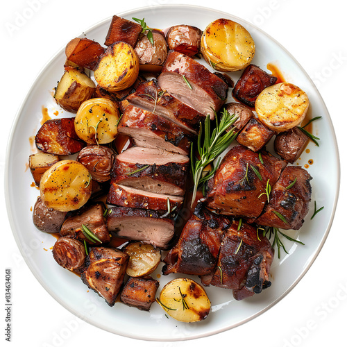 Roast pork tenderloin with herbs and golden brown potatoes on a white plate, top view

 photo