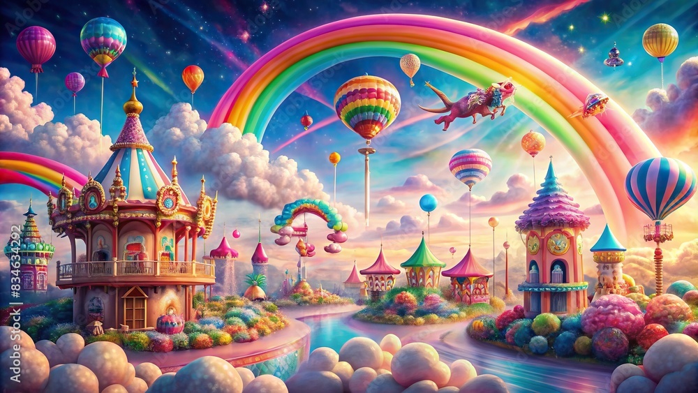 Colorful candy clouds and rainbow in an amusement park with fairies flying around , amusement park, colorful candies, clouds, rainbows, fairies, candy, fantasy, magical, vibrant, joy