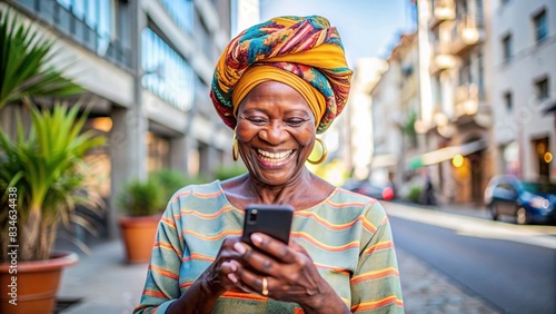 Cheerful senior black African woman with turban using mobile phone on sunny street , happy, smiling, senior, African, woman, turban, mobile phone, technology, street, sunlight photo