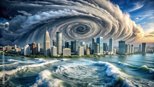 A futuristic  of a hurricane in Florida showing the impact of climate change on American cities, hurricane, Florida, United States, climate change, effects, cities, American, view, space, photo