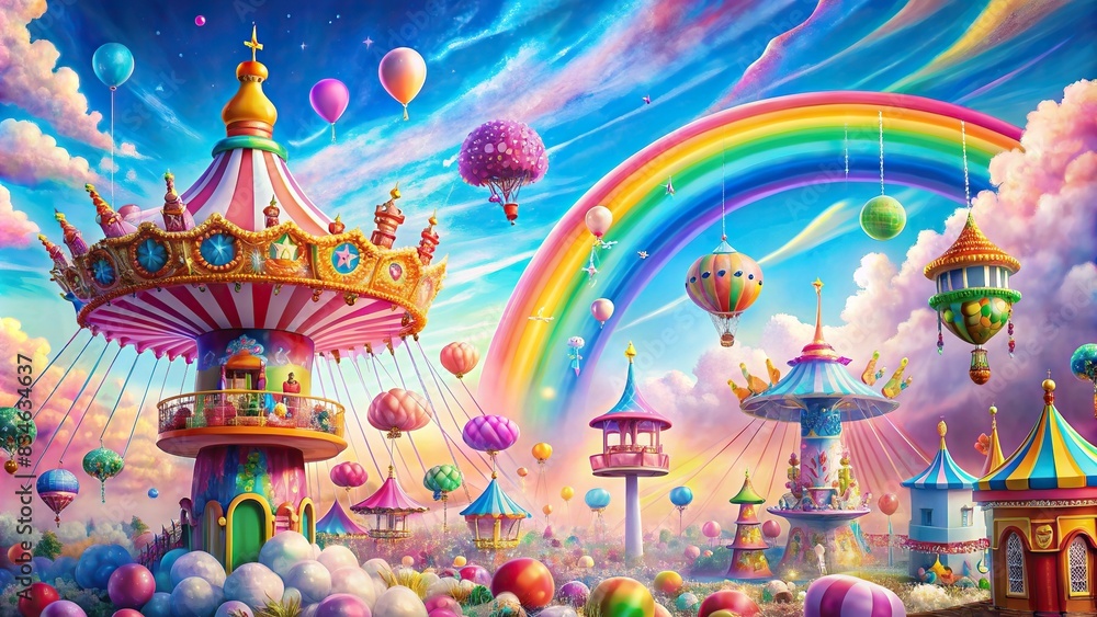 Colorful candy clouds and rainbow in an amusement park with fairies flying around , amusement park, colorful candies, clouds, rainbows, fairies, candy, fantasy, magical, vibrant, joy