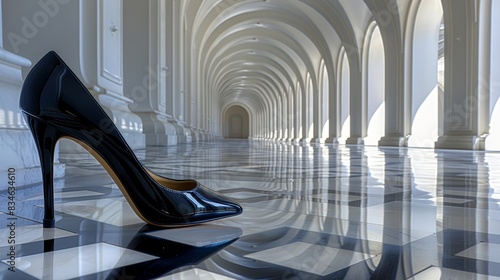  A black high-heeled shoe sits atop a black and white checkered floor Nearby, another checkered floor, also black and white, features arch designs photo