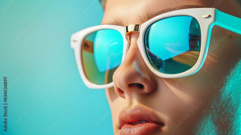 A close-up of a woman wearing sunglasses against a blue sky background A close-up of a woman wearing sunglasses against a blue sky background