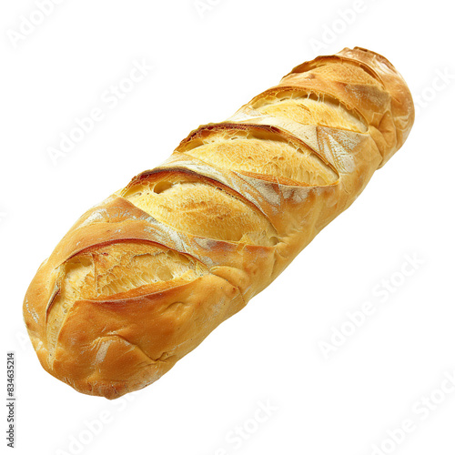 Long golden French baguette with crusty top, side view on white background

 photo