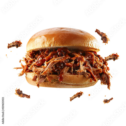 Pulled pork sandwich with barbecue sauce on a bun, meat falling on sides, studio shot on white background

 photo