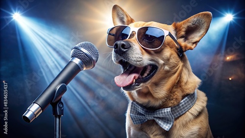 Rockstar dog in sunglasses performing on stage with microphone, dog, rockstar, sunglasses, stage, microphone, music, concert, performance, spotlight, musician, pet, entertainment, singing photo