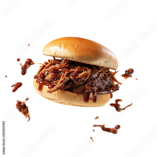 Pulled pork sandwich with splashing barbecue sauce, close-up floating effect, warm background

 photo