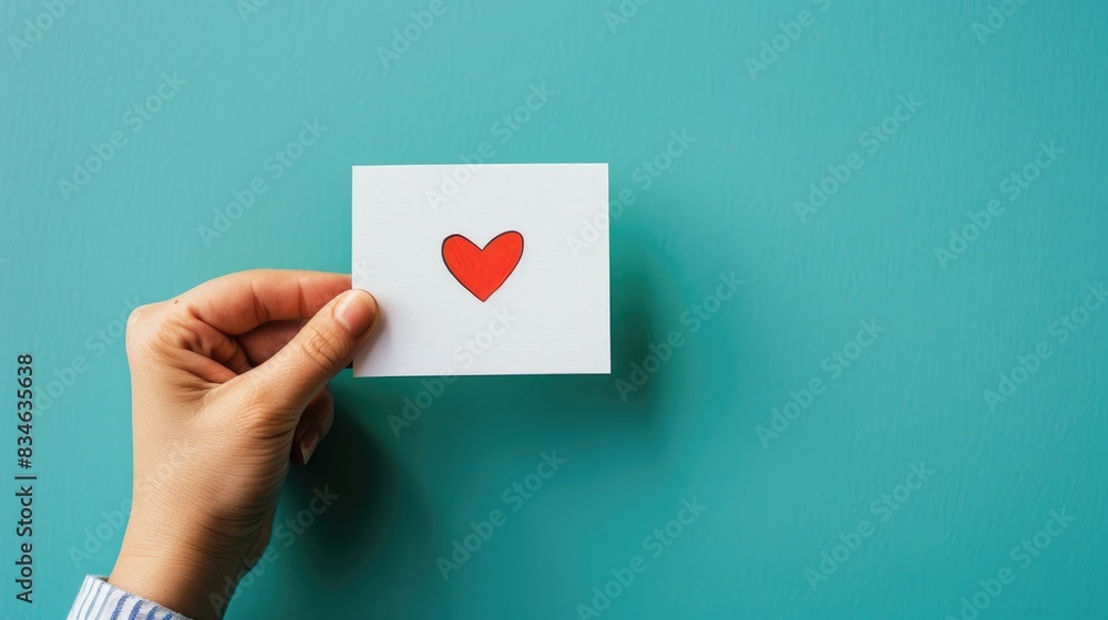 A hand holding a small white card with a red heart drawn on it A hand holding a small white card with a red heart drawn on it