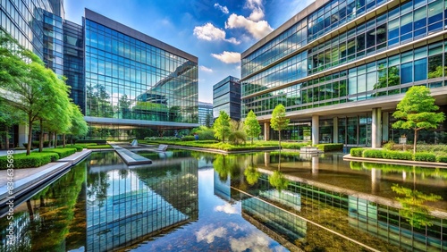 Corporate headquarters with modern architecture  reflective water features  and lush greenery   office building  headquarters  corporate  architecture  modern  water feature  reflection